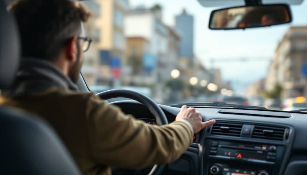 conductor mirando hacia el frente en una ciudad desde el interior del automovil