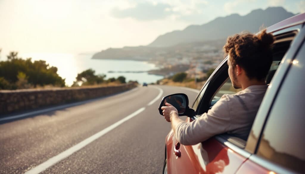 hombre sacando su brazo por la ventana mientras conduce en una carretera con vista a la costa