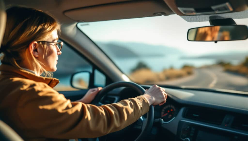 mujer conduciendo en una carretera en un entorno rural con luz natural