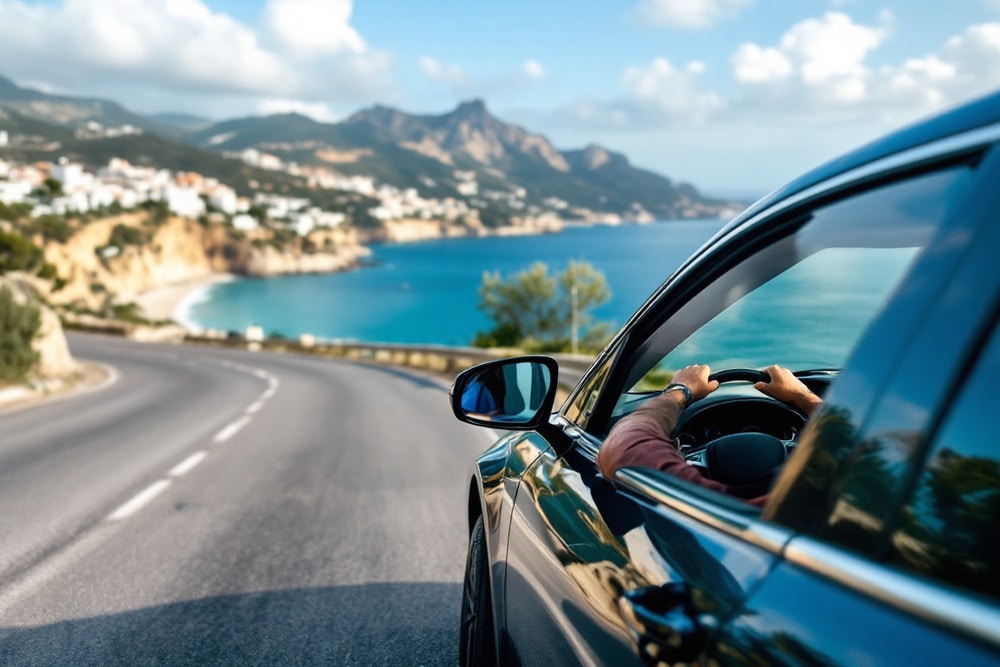 vista desde un automovil conduciendo cerca de la costa en una carretera escenica